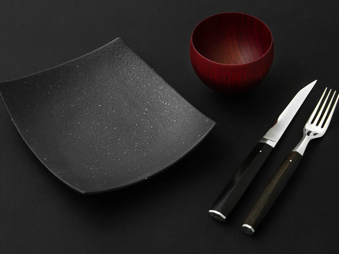 ORYOKI Damastmesser|Lacquerware*Besteck-Set WAKISASHI, Damastmesser mit Gabel