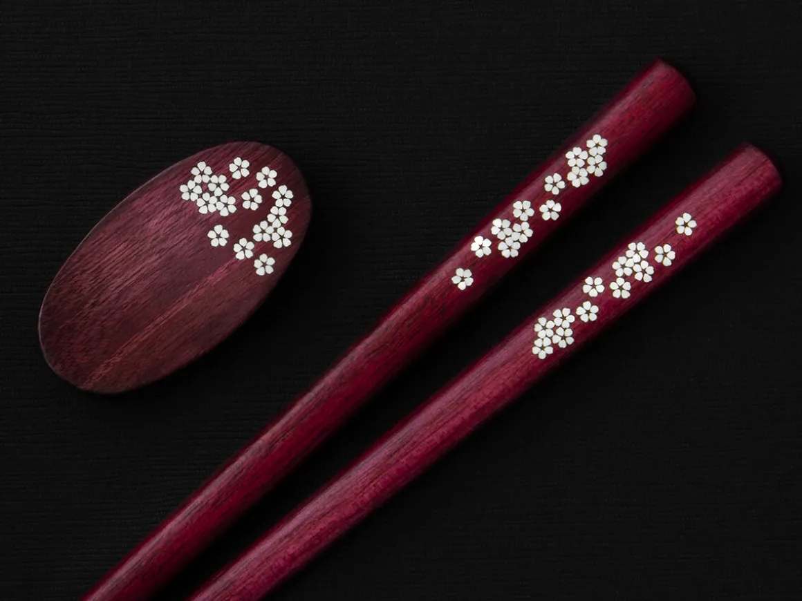 ORYOKI Essstäbchen*Essstäbchen Set mit Ablage Sakura, Purple Heart