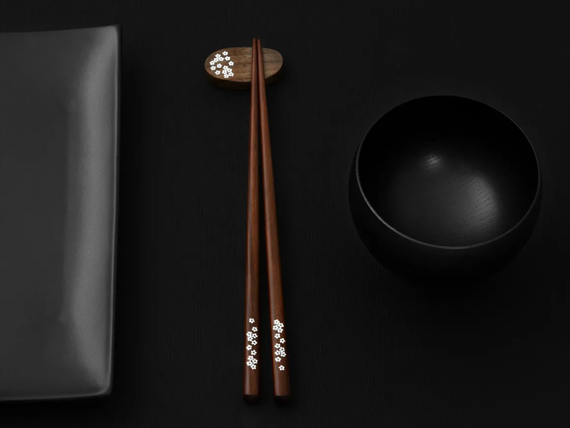 ORYOKI Essstäbchen*Essstäbchen Set mit Ablage Sakura, Granadillo