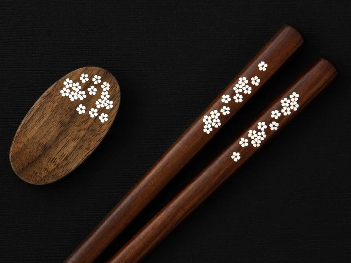 ORYOKI Essstäbchen*Essstäbchen Set mit Ablage Sakura, Granadillo