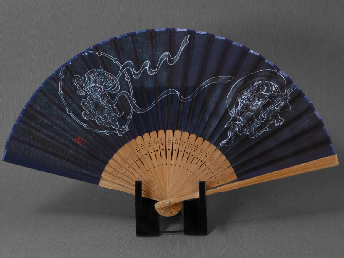 ORYOKI Handfächer*Handfächer Fujin Raijin, Donner-Gott, blau