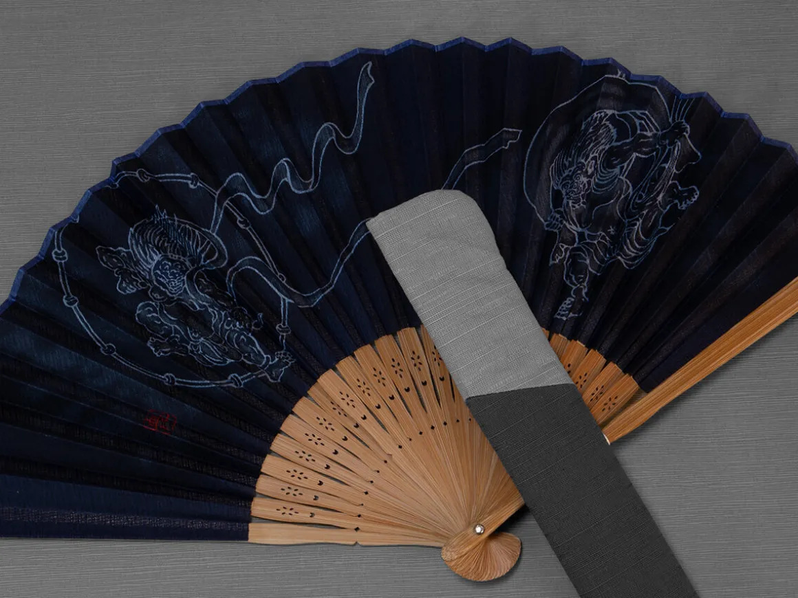 ORYOKI Handfächer*Handfächer Fujin Raijin, Donner-Gott, blau