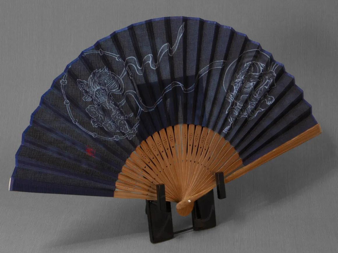 ORYOKI Handfächer*Handfächer Fujin Raijin, Donner-Gott, blau