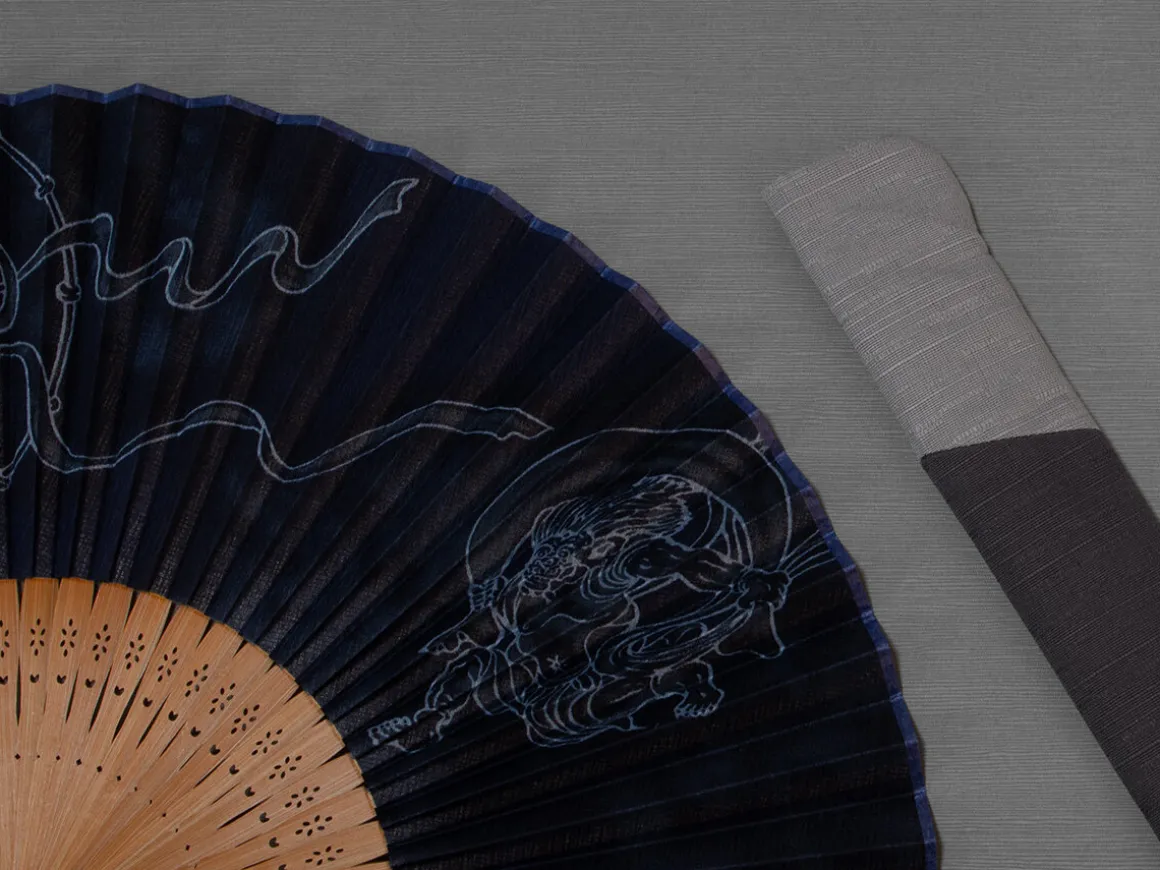 ORYOKI Handfächer*Handfächer Fujin Raijin, Donner-Gott, blau