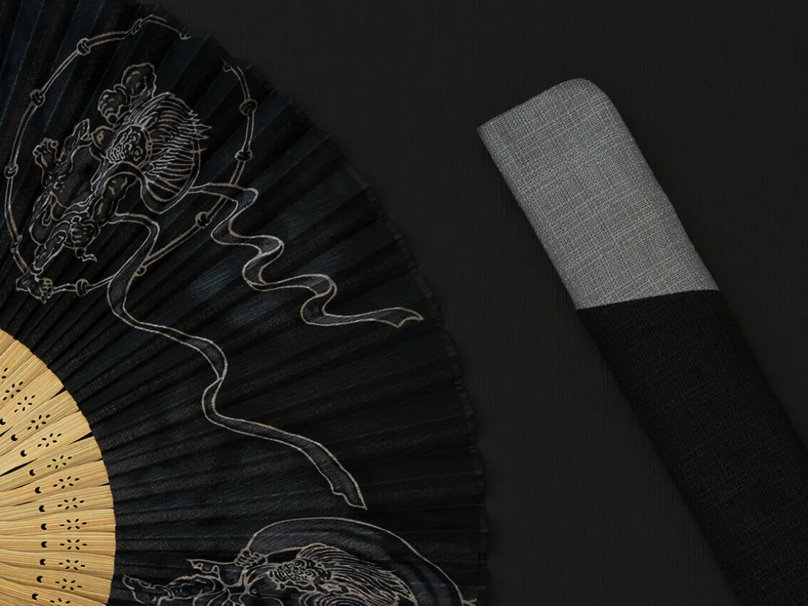 ORYOKI Handfächer*Handfächer Fujin Raijin, Donner-Gott, schwarz