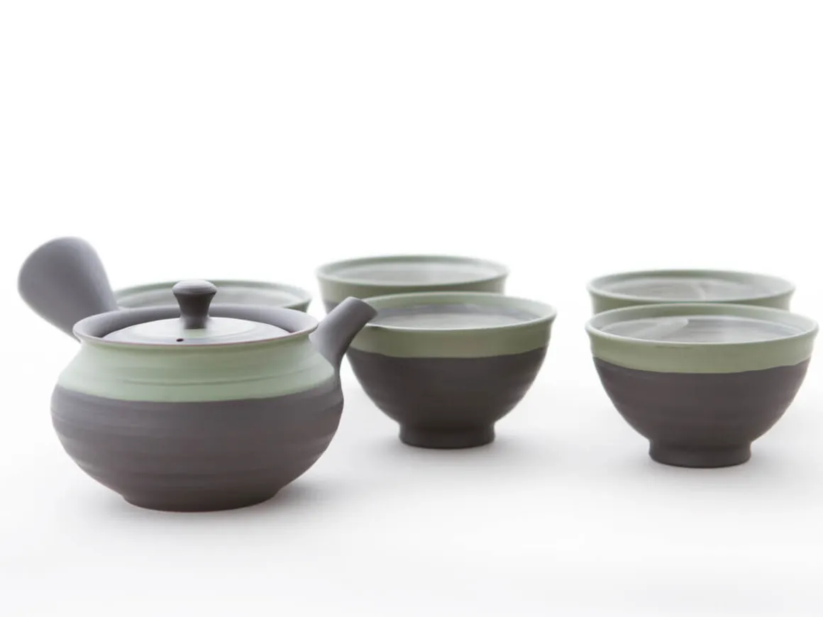 ORYOKI Japanische Teekannen|Teegeschirr*Teeservice Kurofukugata Midorierimaki, 6-teilig