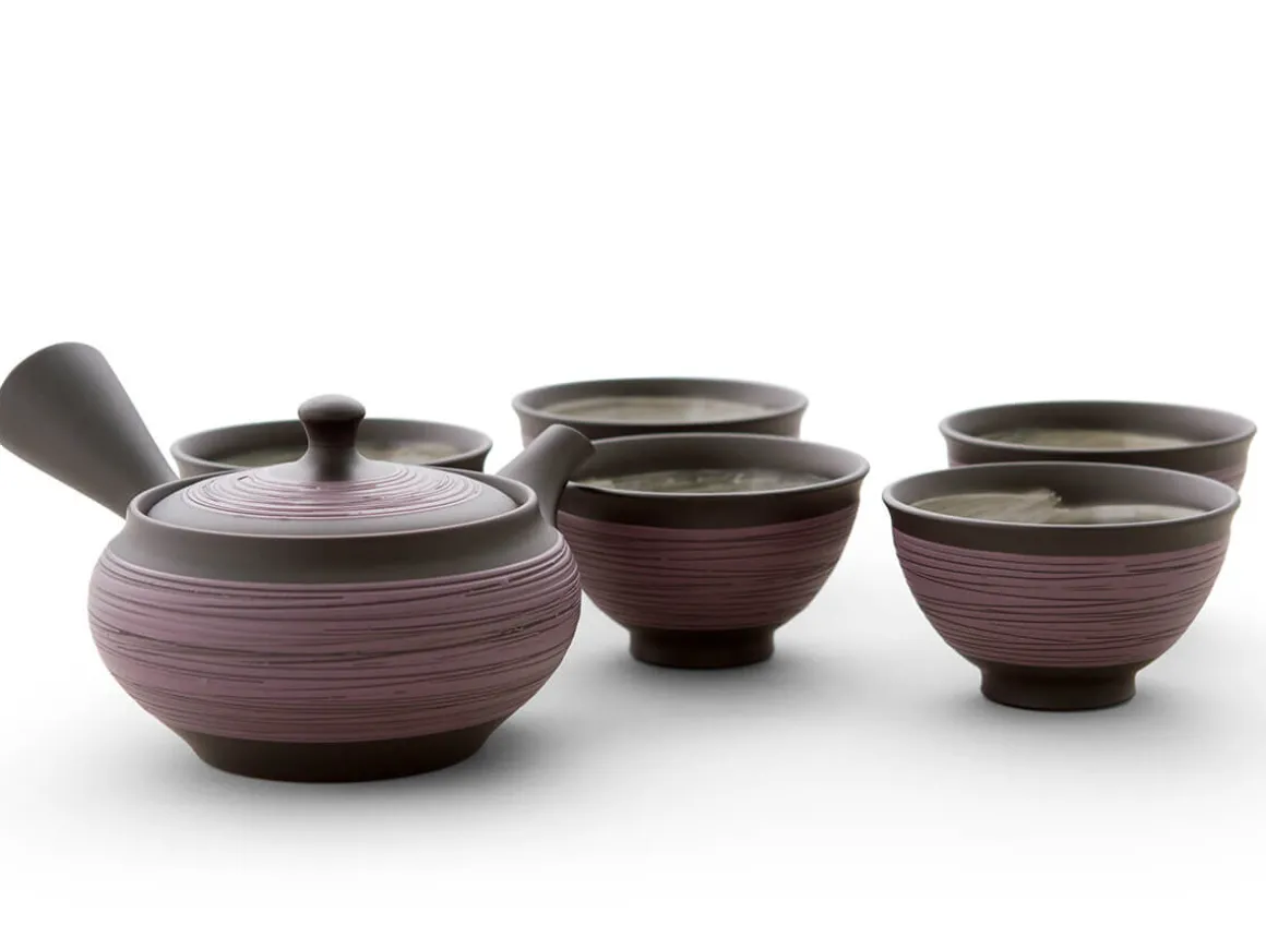 ORYOKI Japanische Teekannen|Teegeschirr*Teeservice Kurohira Murasakisujime, 6-teilig